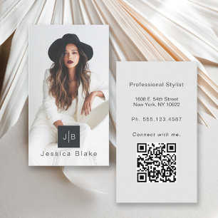 Stylish Modern Entrepreneur Monogram Photo QR Code Business Card