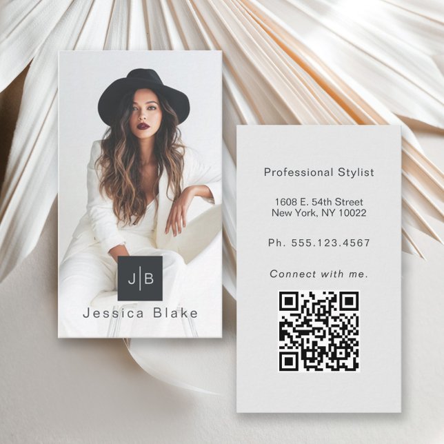 Stylish Modern Entrepreneur Monogram Photo QR Code Business Card (Creator Uploaded)