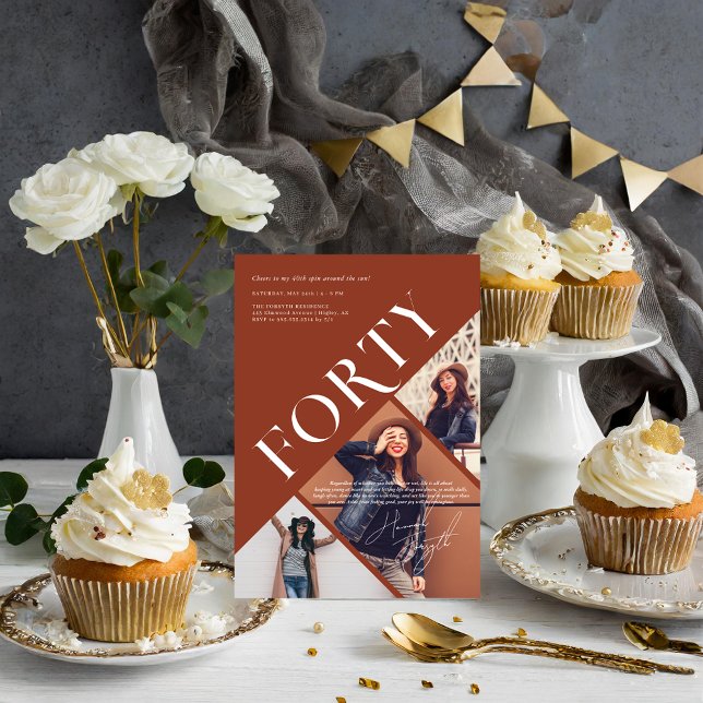 Stylish Modern Forty | 40th Birthday 3 Photo Invitation (Creator Uploaded)
