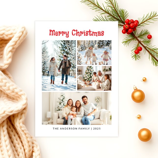 Stylish Modern Four Photo Collage Merry Christmas Holiday Card (Creator Uploaded)