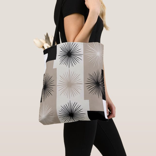 Stylish Modern Geometric Beige Black Starburst Tote Bag (Close Up)