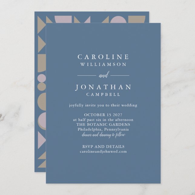 Stylish Modern Geometric Blue Taupe Lilac Wedding Invitation (Front/Back)