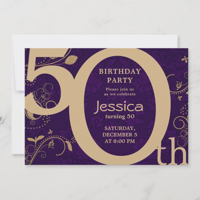 Stylish Modern Gold and Purple Birthday Invitation (Front)