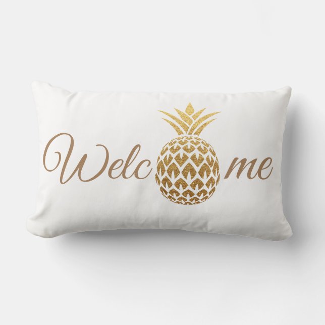 Stylish Modern Gold Pineapple White Welcome Lumbar Cushion (Front)