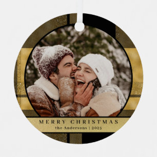 Stylish Modern Gold Plaid Christmas Couple Photo Metal Tree Decoration