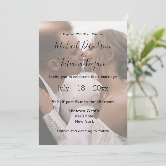 stylish modern handwriting wedding faded photo card (Standing Front)