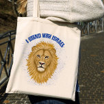 Stylish Modern Lion of Judah . I Stand with Israel Tote Bag<br><div class="desc">This stylish tote bag shows your support for Israel! A graphic painting of the Lion of Judah is the focal point,  along with modern typography reading,  "I Stand with Israel" in blue. A textured blue background adds a grunge look. *Artwork exclusively created by Tracey Khalei / Orabella Prints.</div>