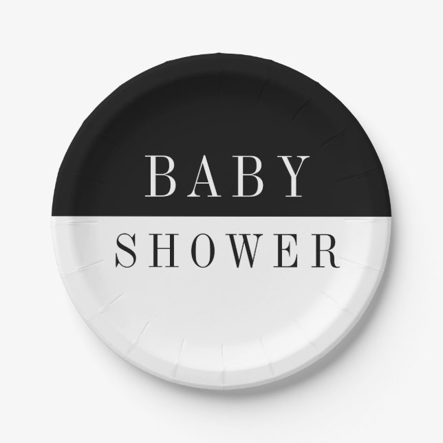 Stylish modern minimal black & white baby shower paper plate (Front)