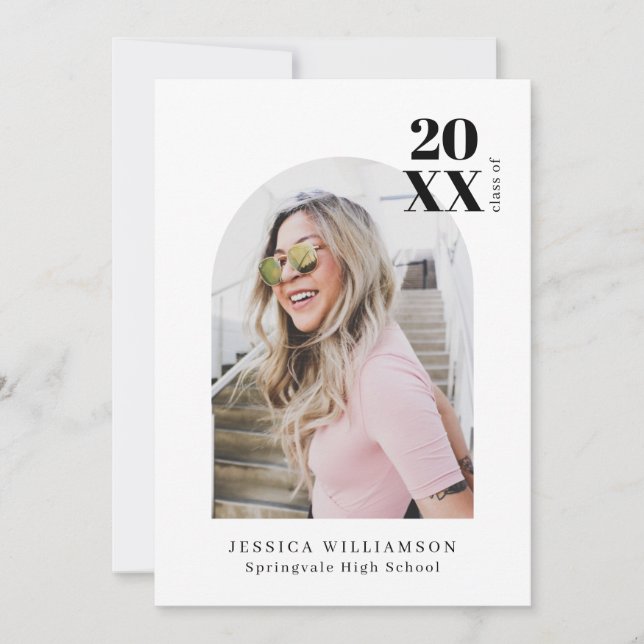 Stylish Modern Minimalist Arch Graduation Photo Announcement (Front)