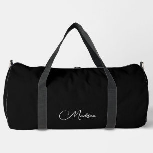 Stylish Modern Minimalist  Script Name Black Duffle Bag