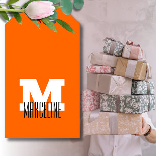 Stylish Modern Name Initial   Neon Sunset Orange Gift Tags
