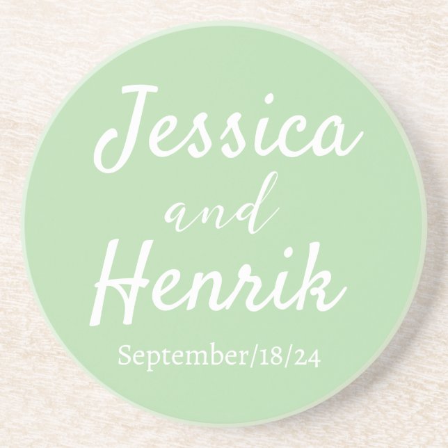 Stylish Modern Name Minimalist Wedding light Green Coaster (Front)