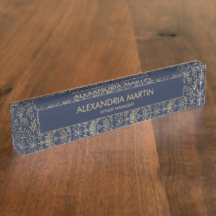 Stylish Modern Navy Blue Gold Leaves Professional  Nameplate