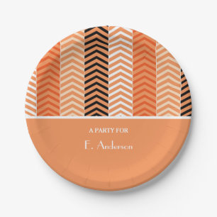 Stylish Modern Orange Chevron Stripes With Name Paper Plate