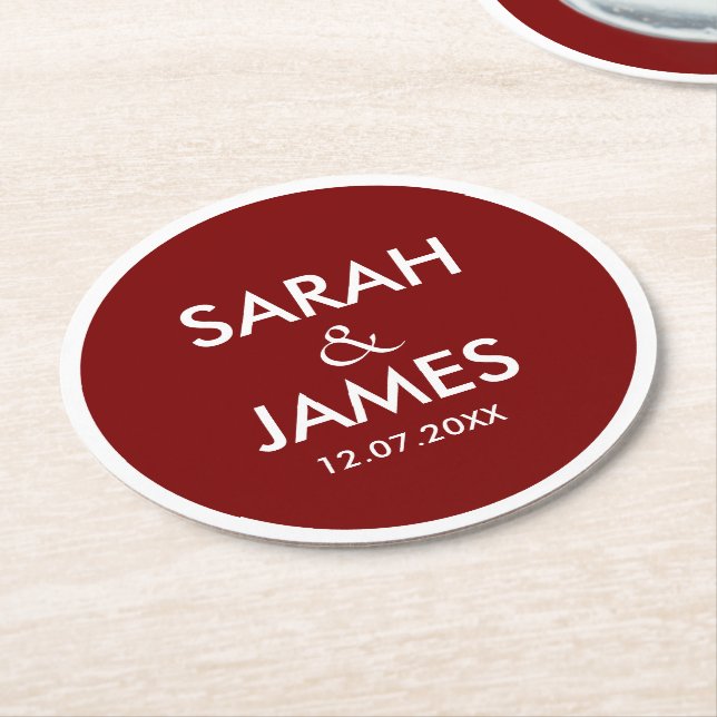 STYLISH MODERN PERSONALIZED NAME DARK RED WEDDING ROUND PAPER COASTER (Angled)