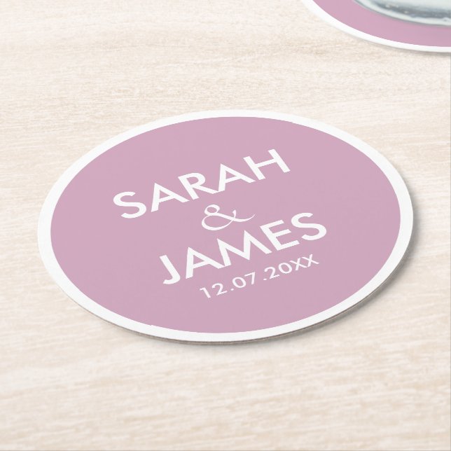 STYLISH MODERN PERSONALIZED NAME PALE WINE WEDDING ROUND PAPER COASTER (Angled)
