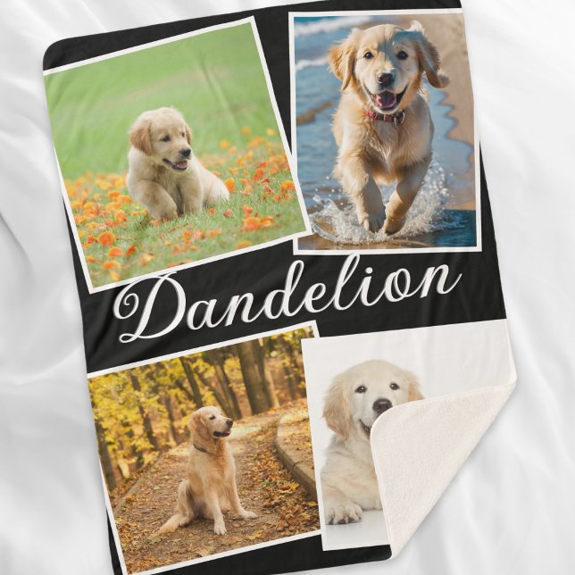 Stylish Modern Pet Dog Photo Gallery Collage Sherpa Blanket (A cozy sherpa blanket featuring four pet photos and custom name in script typography)