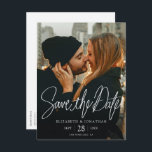 Stylish Modern Photo Save the Date Wedding  Announcement Postcard<br><div class="desc">This simple, stylish modern photo save the date wedding postcard features crisp white text on the front with a chic 'Save the Date' message above your names, date and wedding locale. On the back, you might decide to delete the lines for the addressee's information if you prefer a more minimalist...</div>
