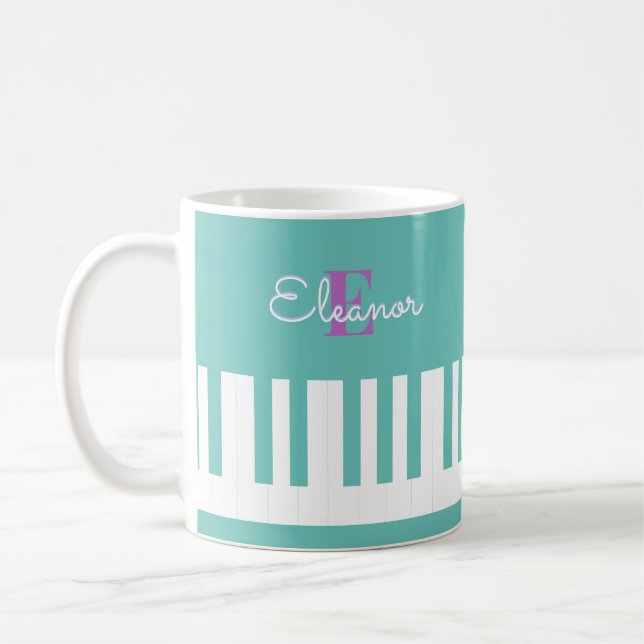 Stylish Modern Piano Keys Aqua Monogrammed Coffee Mug (Left)
