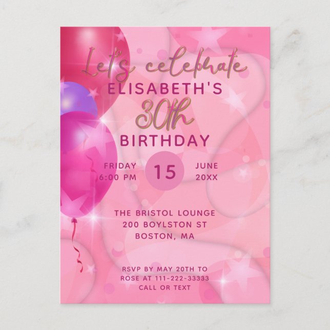 Stylish Modern Pink Balloons Birthday Party Invite Postcard (Front)
