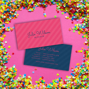 Stylish Modern Pink & Blue Stripes Social Media Business Card