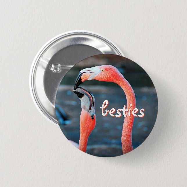 Stylish Modern Pink Flamingos Photo Besties Script 6 Cm Round Badge (Front & Back)