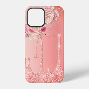 Stylish modern pink floral coral glitter drips iPhone 12 case