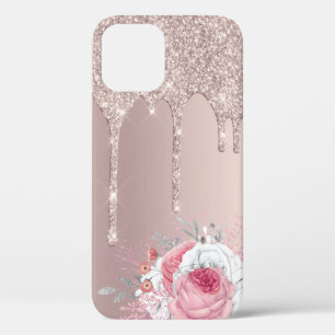 Stylish modern pink floral rose gold glitter drips iPhone 12 case
