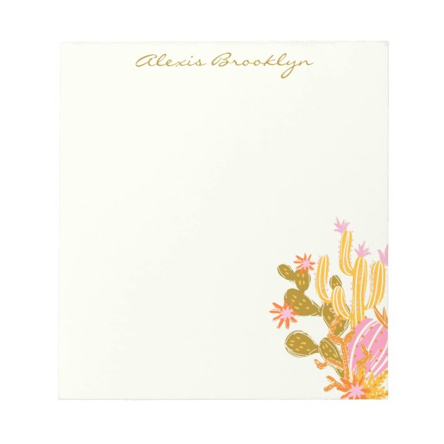 Stylish Modern Pink Green Cactus Personalised Name Notepad (Front)