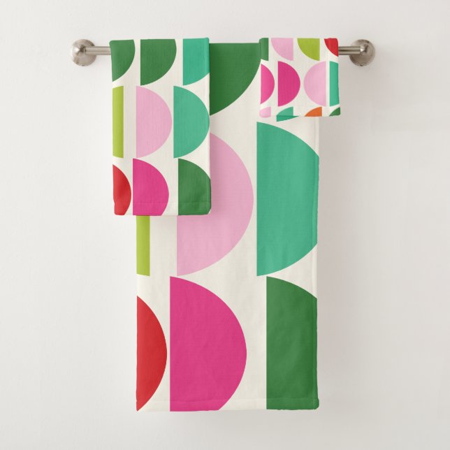 Stylish Modern Pink Green Red Geometric Pattern Bath Towel Set (Insitu)