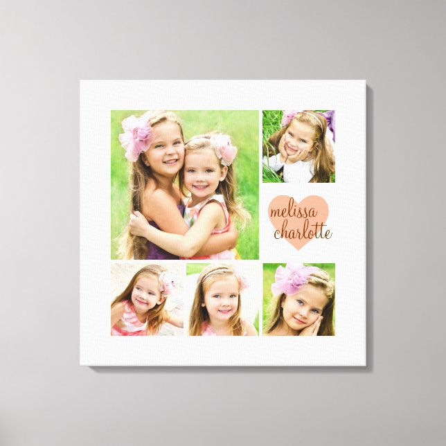 Stylish Modern Pink Heart Personalised Photo Canvas Print (Front)