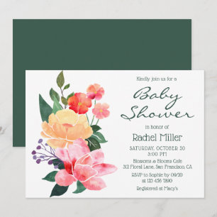 Stylish Modern Pink Watercolor Floral Baby Shower Invitation
