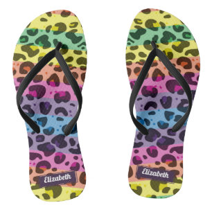 Stylish modern rainbow leopard spots with name jandals