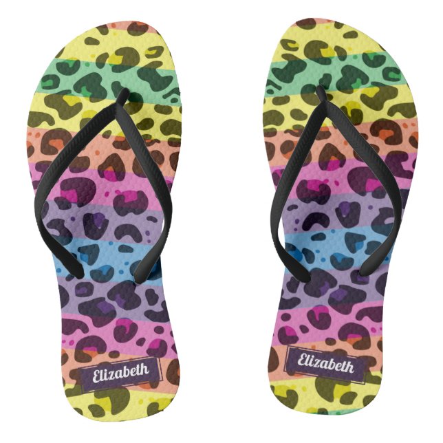 Stylish modern rainbow leopard spots with name jandals (Footbed)