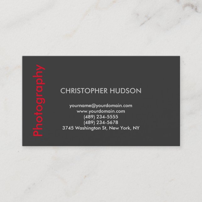 Stylish Modern Red Grey Photography Business Card (Front)