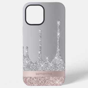 Stylish modern rose gold silver glitter drips iPhone 12 pro max case