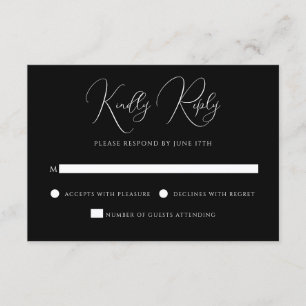 Stylish Modern Script Black And White Wedding RSVP Card