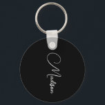 Stylish Modern Script Name Black Key Ring<br><div class="desc">A simple,  stylish,  script name keychain with white typography on black. Minimalist style.</div>