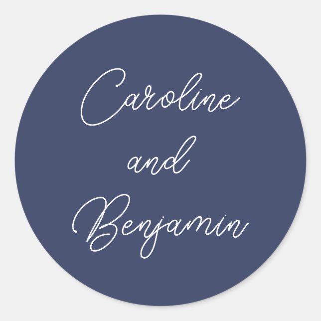 Stylish Modern Script Wedding Names Navy Blue Classic Round Sticker (Front)