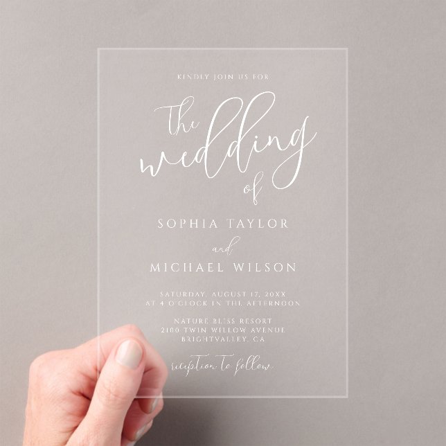 Stylish Modern Script White Wedding Acrylic Invitations (Insitu (Handheld))