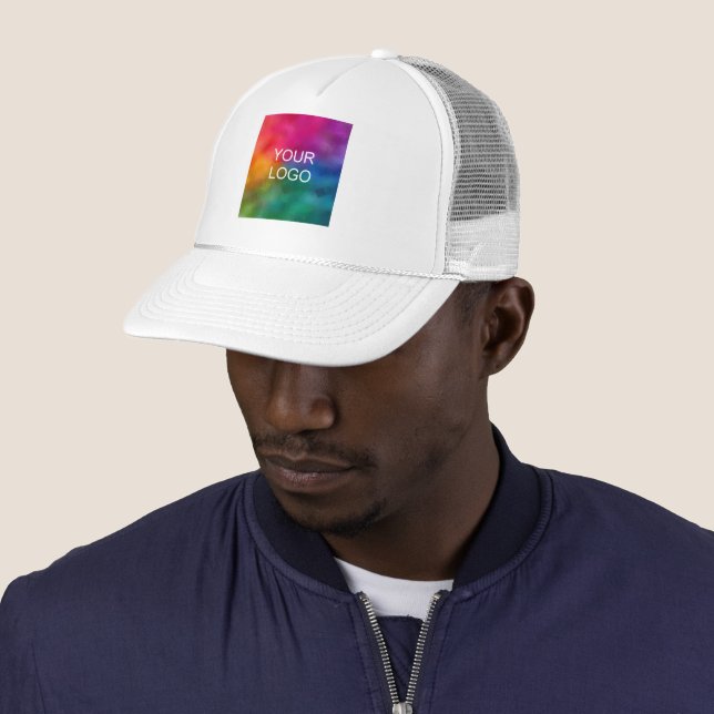 Stylish Modern Sleek Upload Logo Add Text Template Trucker Hat (In Situ)