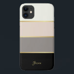 Stylish Modern Stripes Pattern with Name Case-Mate iPhone Case<br><div class="desc">Stylish and feminine, this sleek design features wide horizontal stripes in cream, pink, taupe and black with thin gold lines dividing the colours of the stripes. A text template is included to personalise with your name, monogram initials or other desired text. You can also delete the sample text If you...</div>