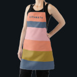 Stylish Modern Stripes Pretty Earth Tones Custom Apron<br><div class="desc">Cook in style with this personalised apron, featuring a modern stripe design in soft earth tones. The blend of navy, peach, coral, pink, ochre, and sage green creates a trendy yet timeless look that’s perfect for any kitchen. Add your name to make it uniquely yours, or gift it to a...</div>