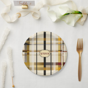 Stylish Modern Taupe and Gold Plaid Paper Plate