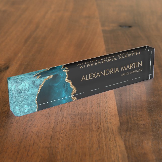 Stylish Modern Teal Black Gold Glitter Nameplate (Side)