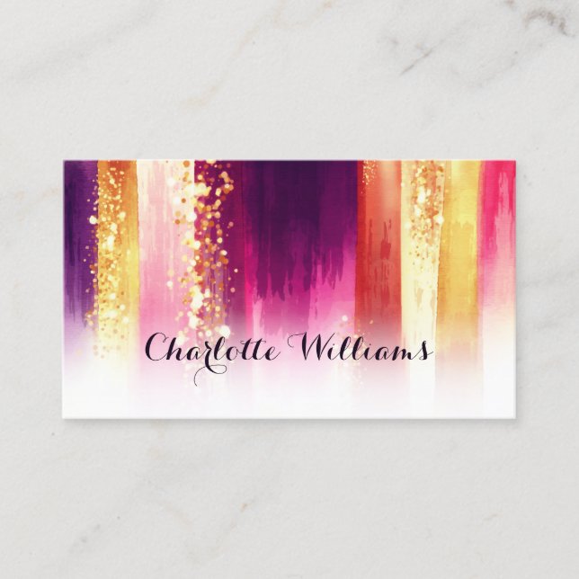 Stylish Modern Watercolor Brushes & Gold Glitter Business Card (Front)