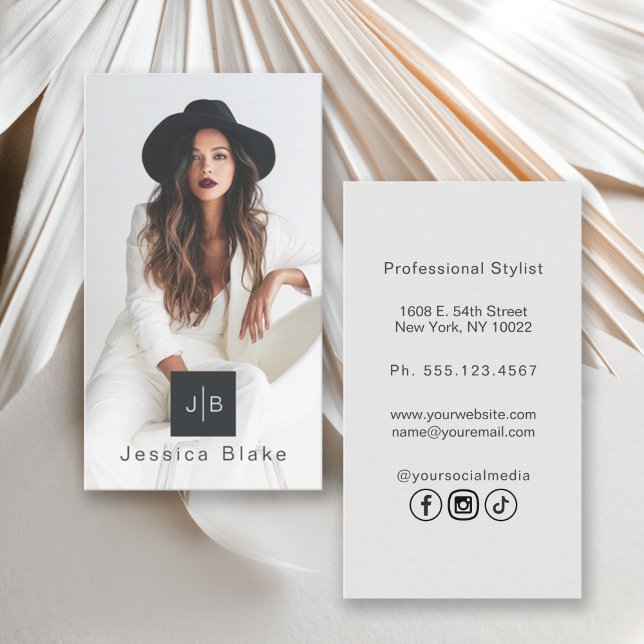Stylish Modern Woman Entrepreneur Monogram Photo Business Card (Creator Uploaded)