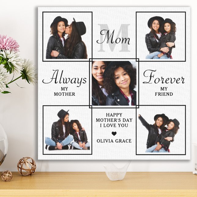 Stylish MOM Personalised Monogram 5 Photo Collage Canvas Print (Creator Uploaded)