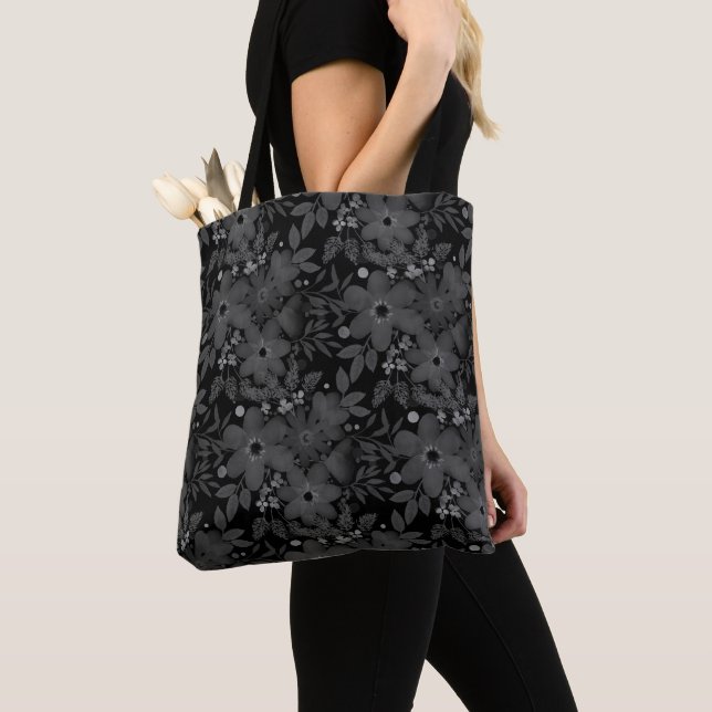 Stylish Monochromatic Grey/Black Floral Pattern To Tote Bag (Close Up)