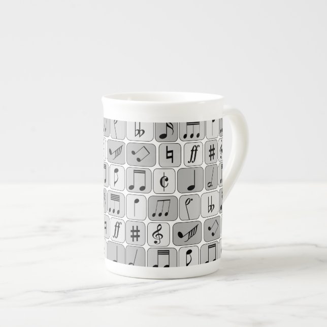 Stylish Monochrome Geometric Music Notes Pattern Bone China Mug (Front Right)